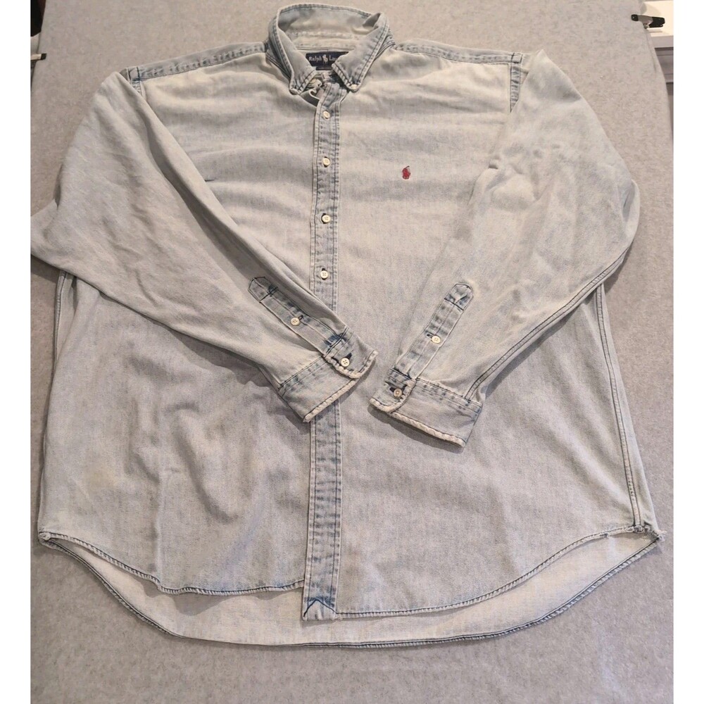 Vintage Polo Ralph Lauren Denim Shirt Men 2XL Light Wash Red Pony Blaire 90s
